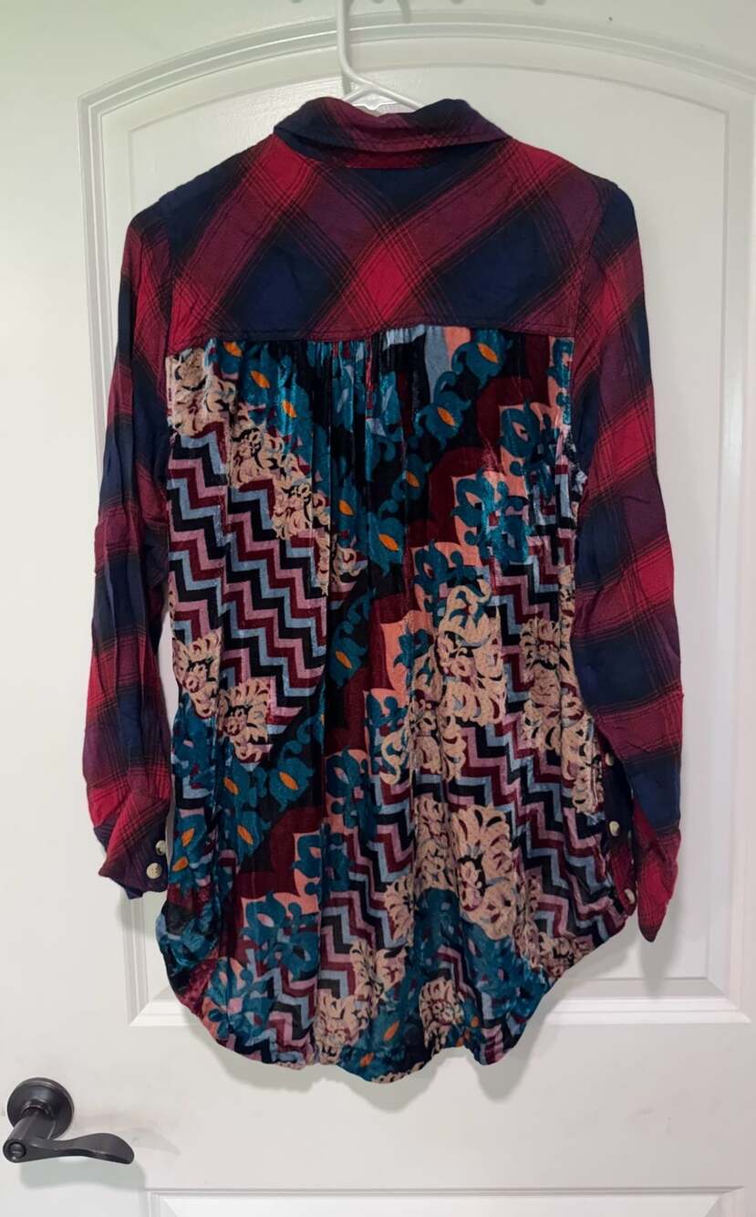 Plaid Velvet Patchwork Button Down Shirt Boho Artsy Mixed Print Women’s M